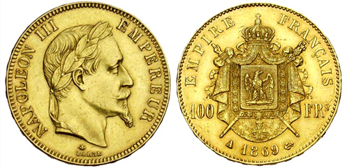 100 Francs or 1869 Napoleon III tete lauree