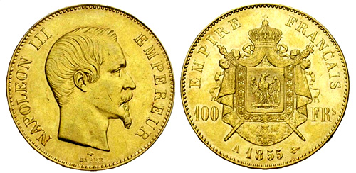 100 Francs or 1855 Napoleon III tete nue