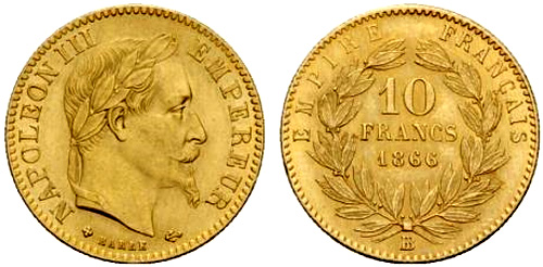 10 Francs or 1864 Napoleon III tete lauree