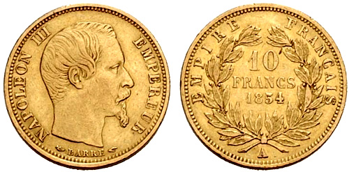 10 Francs or 1855 Napoleon III petit module