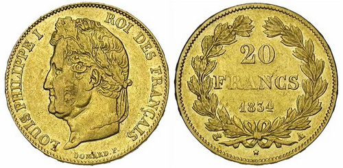 20 Francs or 1847 tete lauree