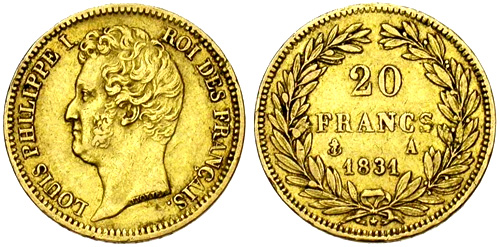 20 Francs or 1831 tete nue