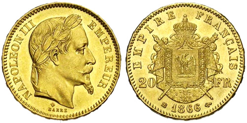 20 Francs or 1869 Napoleon III tete lauree