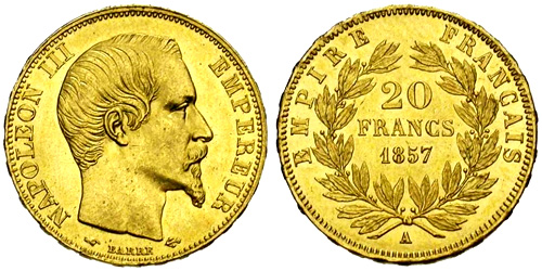 20 Francs or 1859 Napoleon III tete nue