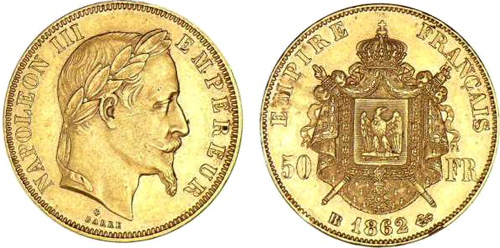 50 Francs or 1864 Napoleon III tete lauree