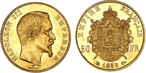 50 Francs or 1859 Napoleon III tete nue
