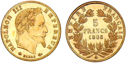 5 Francs or 1866 Napoleon III tete lauree