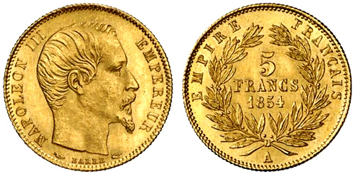 5 Francs or 1854 Napoleon III petit module